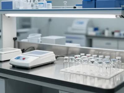 A sterile compounding bench with vials and preparation equipment under laboratory lighting