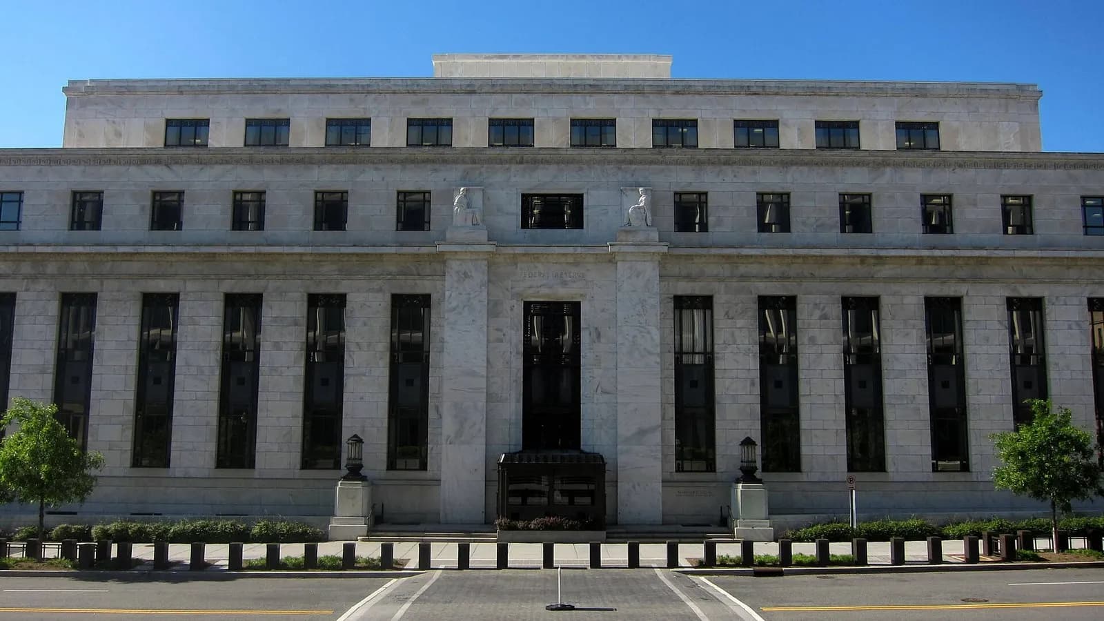 The north face of the pale stone Marriner S. Eccles Federal Reserve Board Building on C Street in Washington under a blue sky, photographed on 10 May 2010, a file photograph of the Fed's headquarters and not of Wednesday's meeting