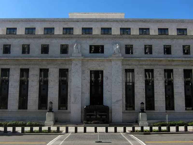 The north face of the pale stone Marriner S. Eccles Federal Reserve Board Building on C Street in Washington under a blue sky, photographed on 10 May 2010, a file photograph of the Fed's headquarters and not of Wednesday's meeting