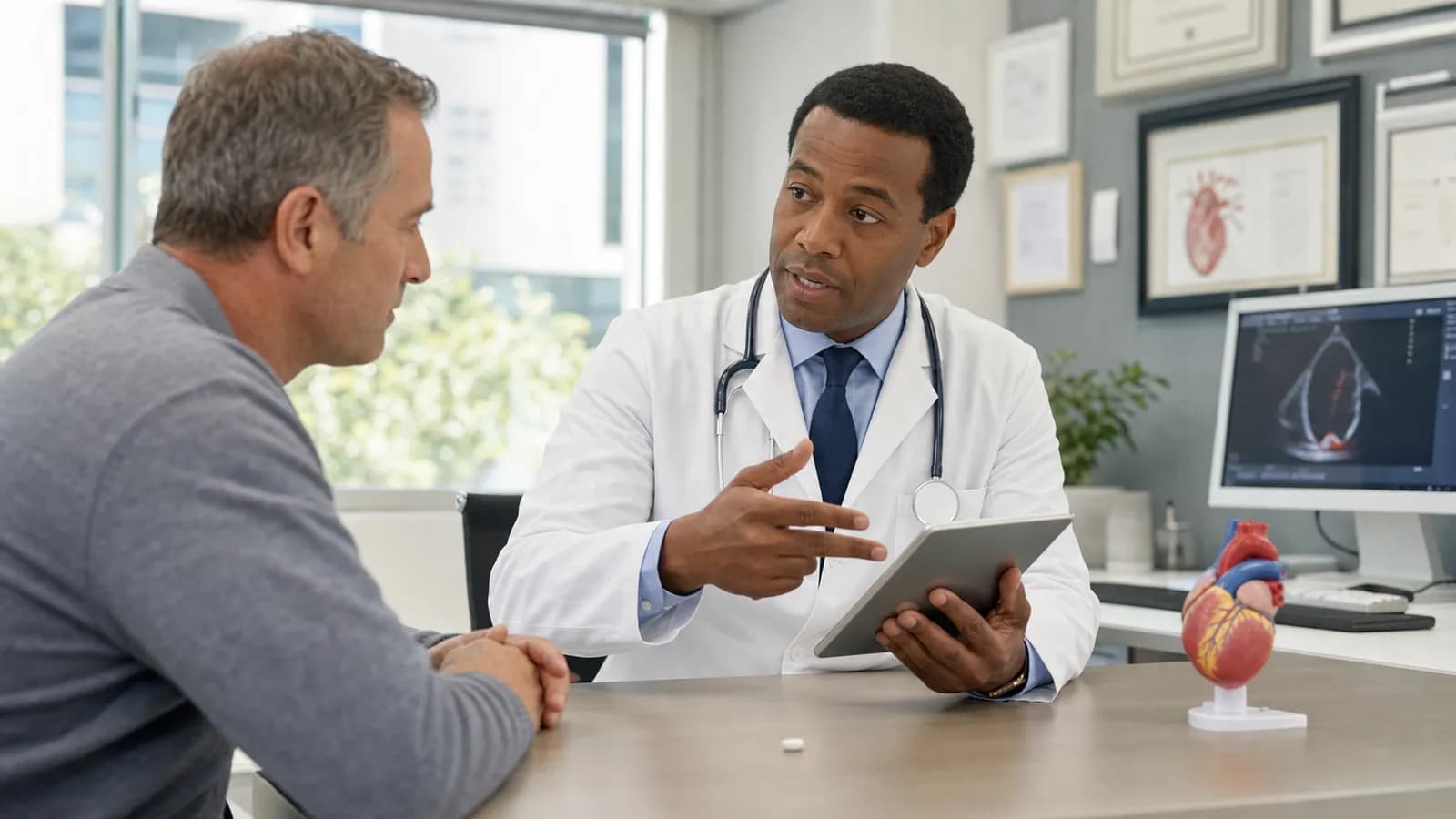 A physician discussing a new oral cholesterol treatment with an adult patient