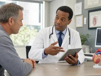 A physician discussing a new oral cholesterol treatment with an adult patient