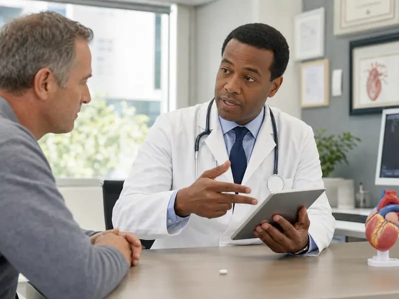 A physician discussing a new oral cholesterol treatment with an adult patient