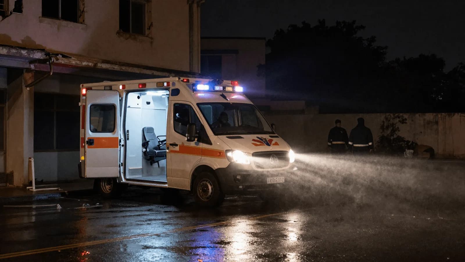 An ambulance crew working at night beside a damaged building, headlights cutting through dust