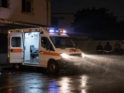 An ambulance crew working at night beside a damaged building, headlights cutting through dust