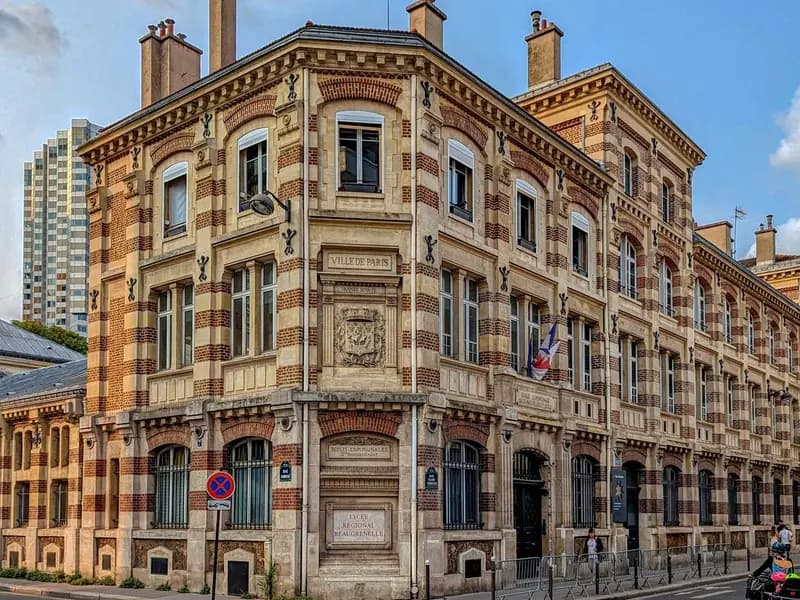 A lycee building in Paris, photographed in August 2023, illustrative of a French secondary school and not one of the schools closed or damaged in the protests