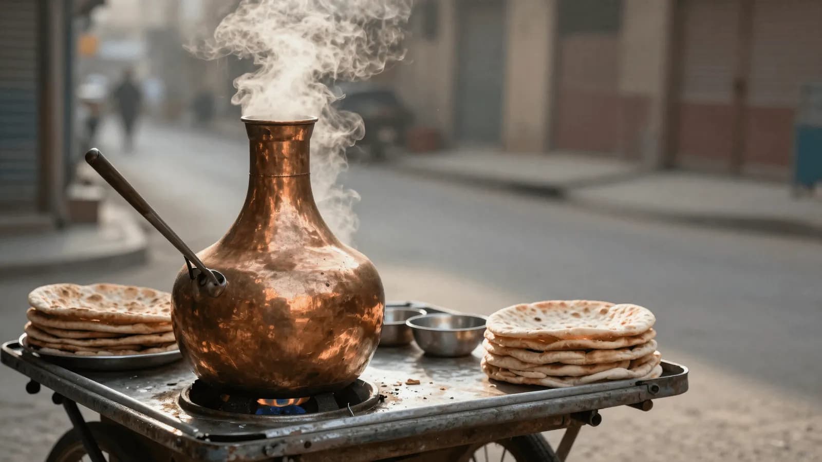 A steaming copper ful pot with a narrow neck on a street cart at dawn, stacked flatbread beside it