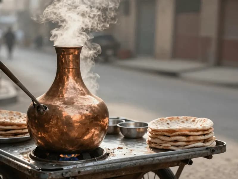 A steaming copper ful pot with a narrow neck on a street cart at dawn, stacked flatbread beside it