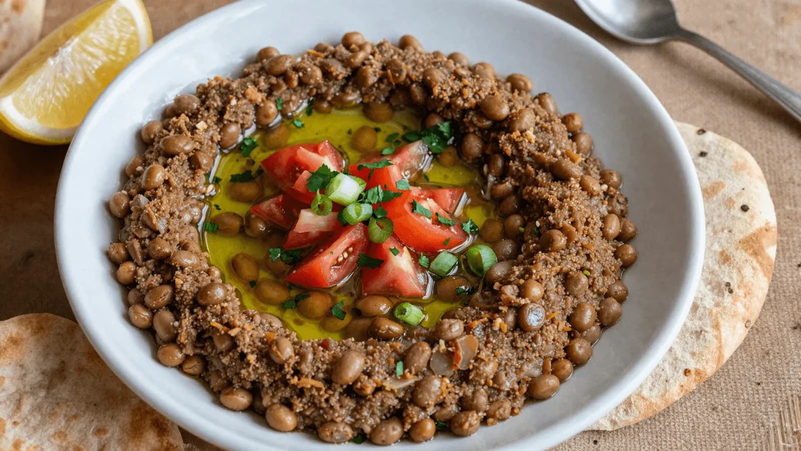 A bowl of crushed fava beans topped with olive oil, chopped tomato and parsley, with flatbread alongside