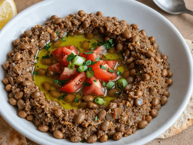 A bowl of crushed fava beans topped with olive oil, chopped tomato and parsley, with flatbread alongside