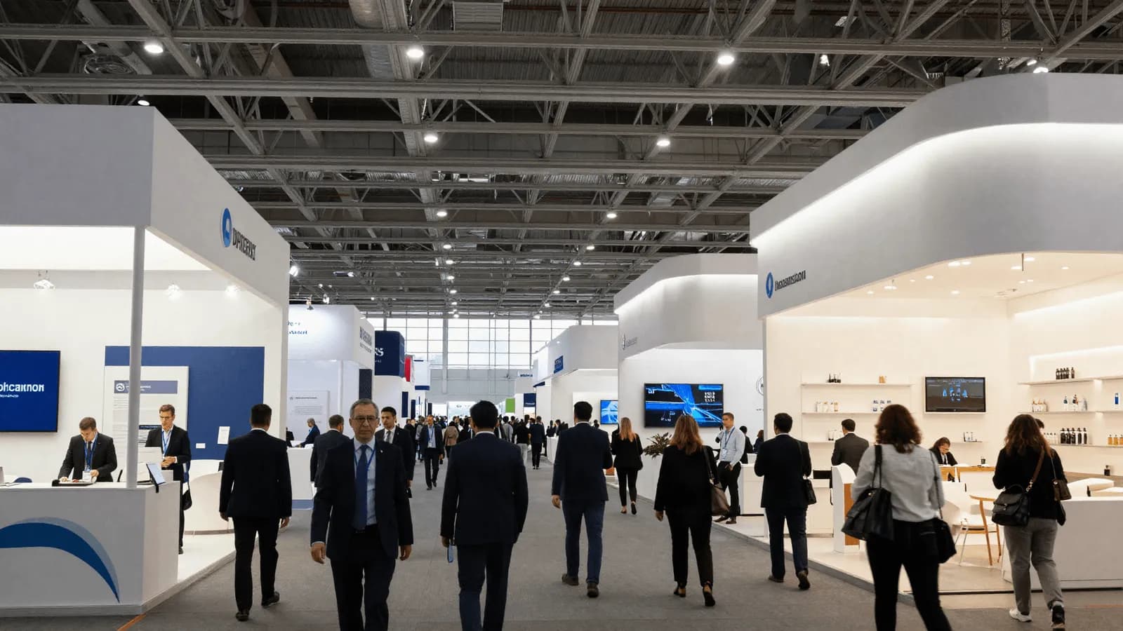 A busy exhibition hall with stands and visitors under high ceilings