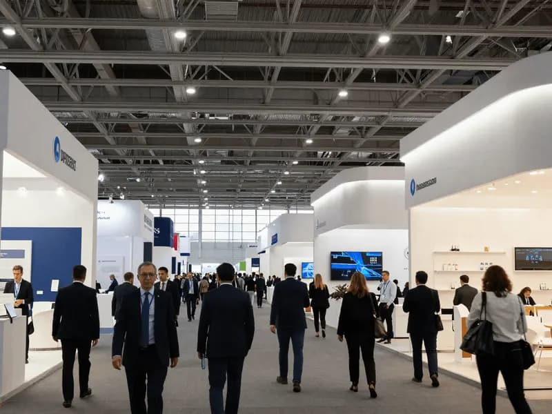 A busy exhibition hall with stands and visitors under high ceilings