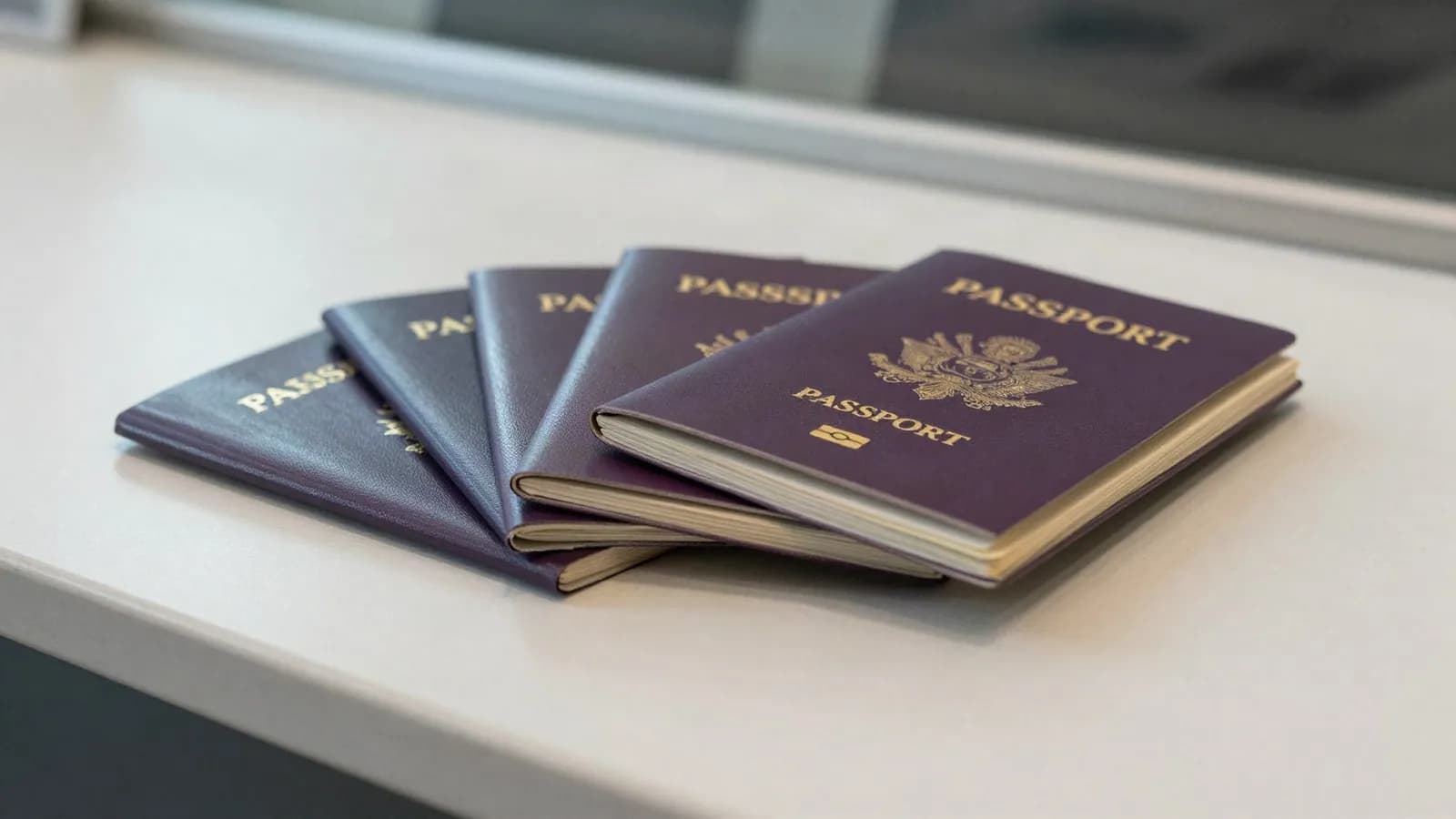 A fan of plain burgundy passports on an airport counter