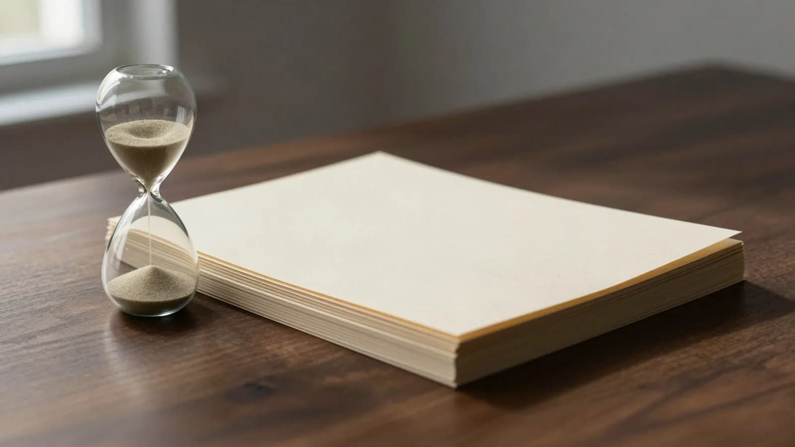 Editorial illustration of an hourglass beside a stack of blank paper on a dark desk