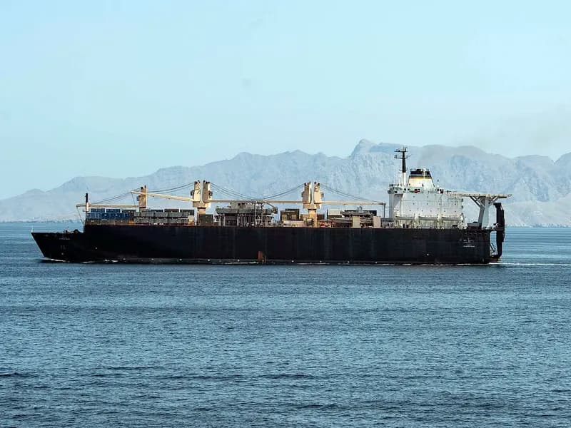 The US Navy dry cargo ship USNS PFC Dewayne T. Williams underway in the Strait of Hormuz with mountains behind it, photographed on 17 April 2020, a file photograph illustrative of merchant shipping in the strait and not of the GFS Pride or Cape Dao