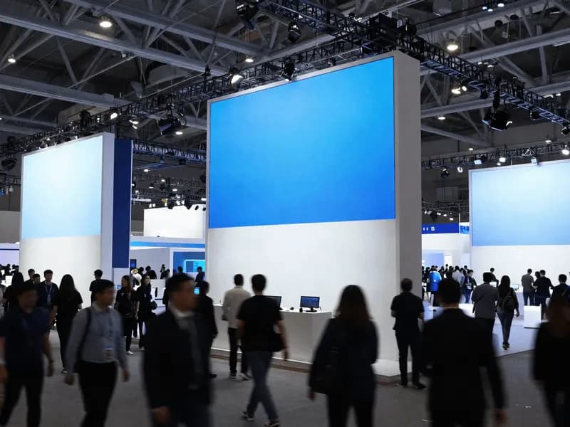 A vast technology exhibition hall with illuminated stands and crowds of visitors