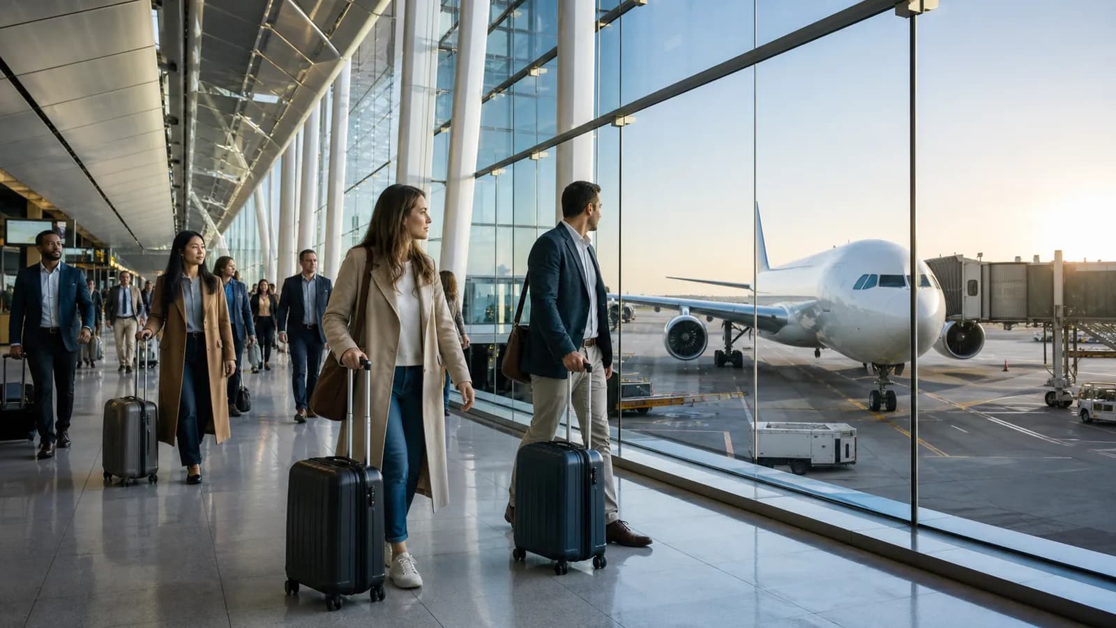 Travelers moving through a busy international airport as passenger growth slows