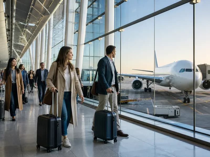 Travelers moving through a busy international airport as passenger growth slows
