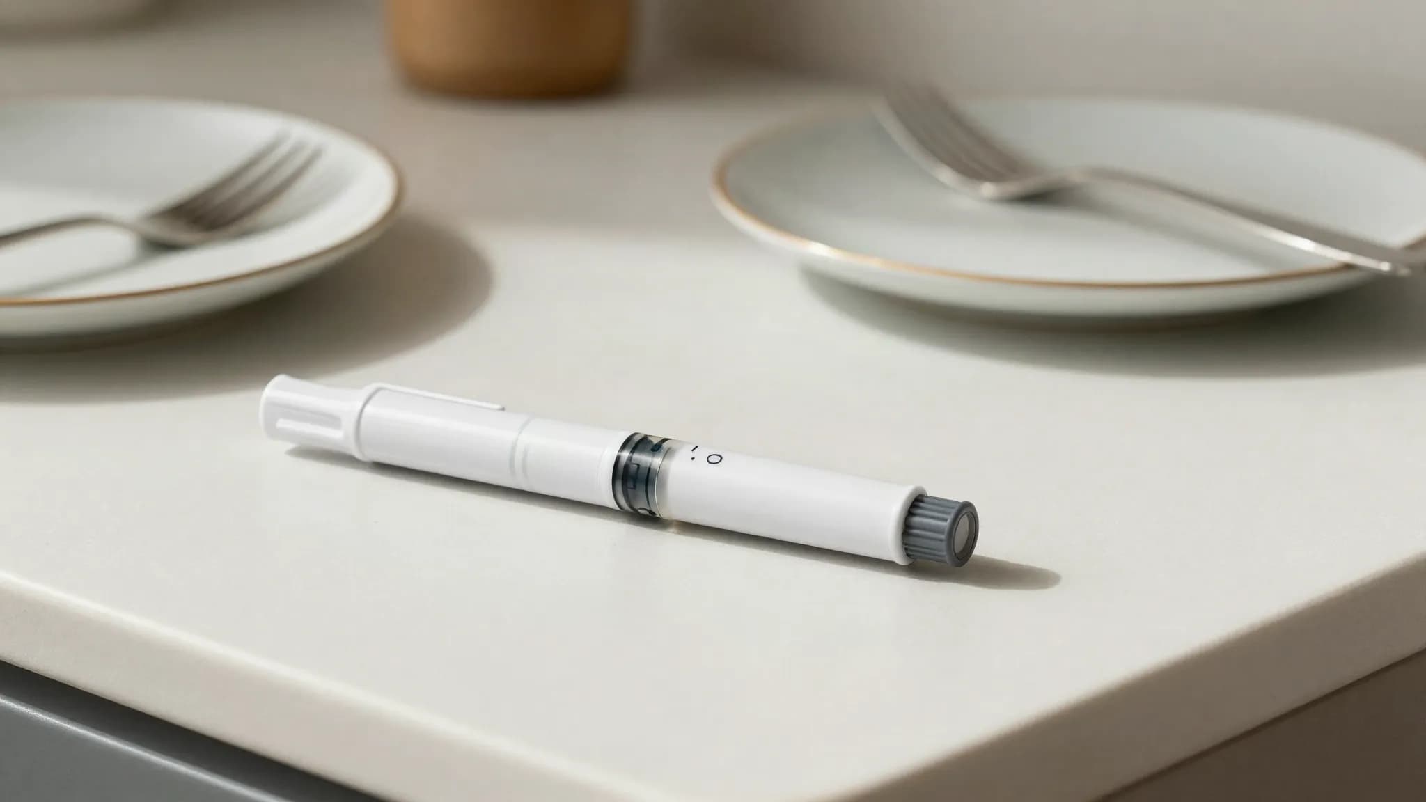 An injection pen on a kitchen counter beside a plate