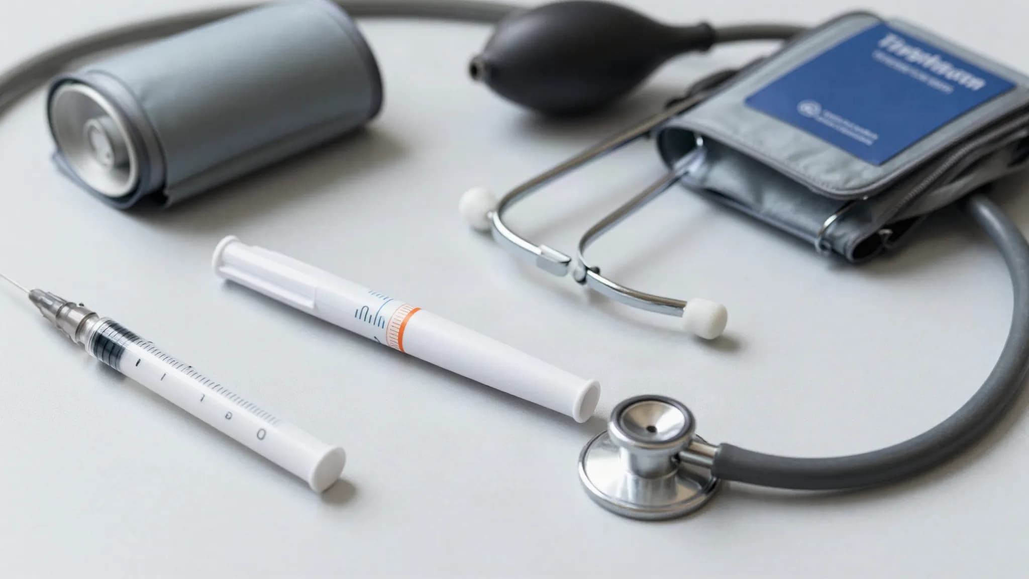 An injection pen beside a stethoscope and blood pressure cuff
