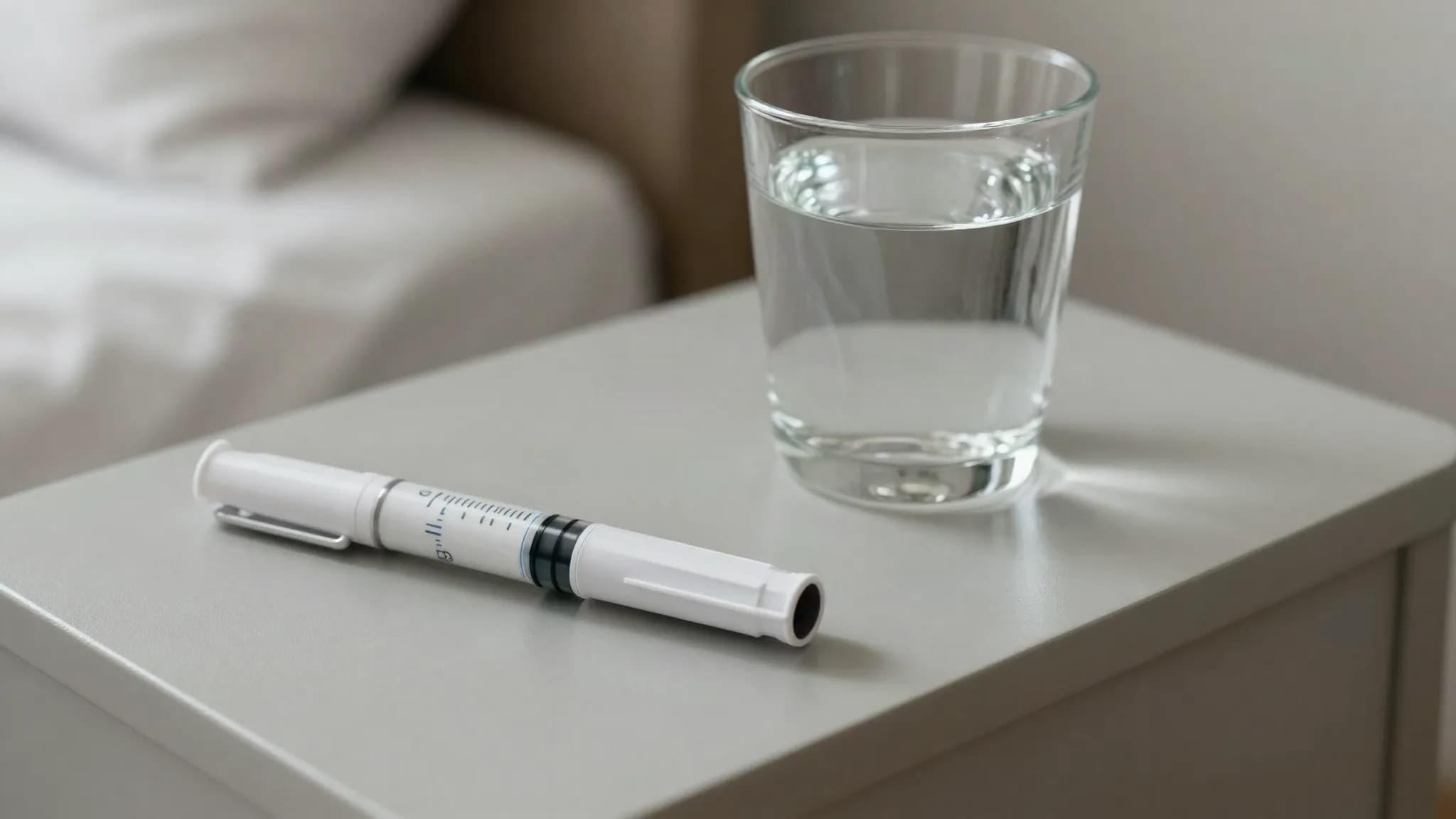 An injection pen and glass of water on a bedside table