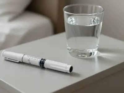 An injection pen and glass of water on a bedside table