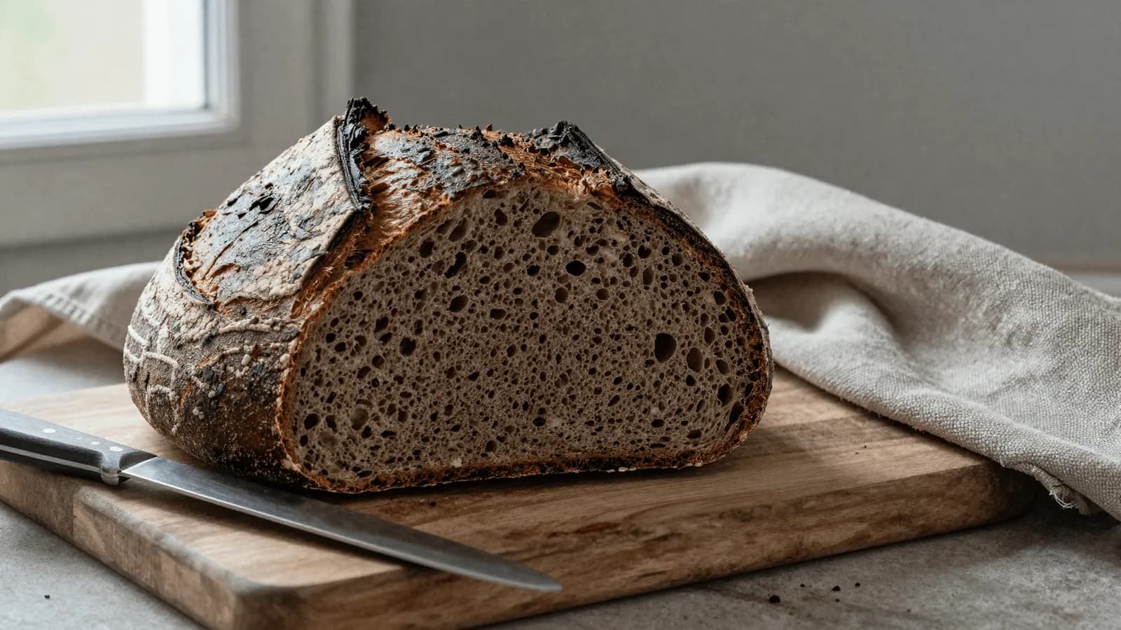 A dark round sourdough loaf cut open on a board to show an even crumb