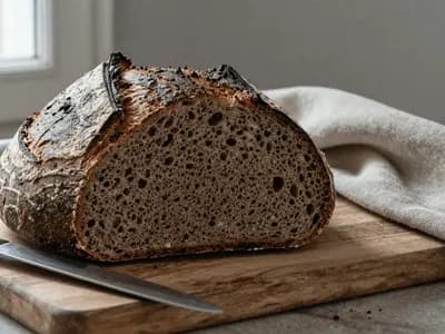 A dark round sourdough loaf cut open on a board to show an even crumb