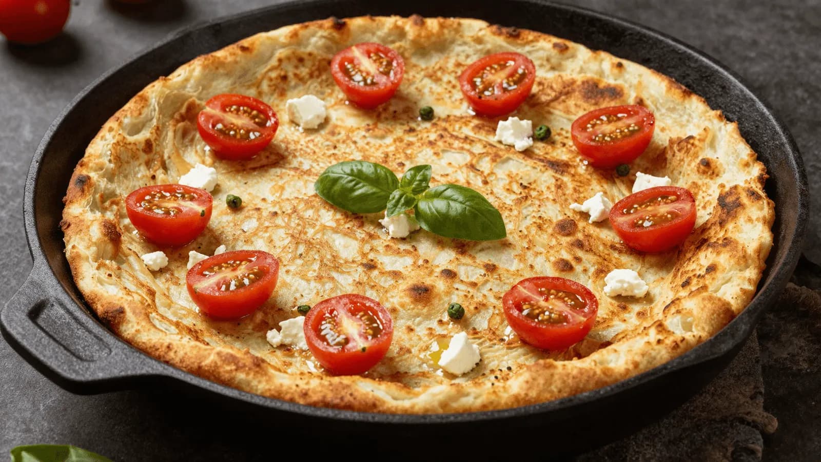 A golden chickpea socca in a cast iron pan, blistered at the edges and topped with tomato and basil