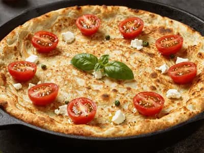 A golden chickpea socca in a cast iron pan, blistered at the edges and topped with tomato and basil