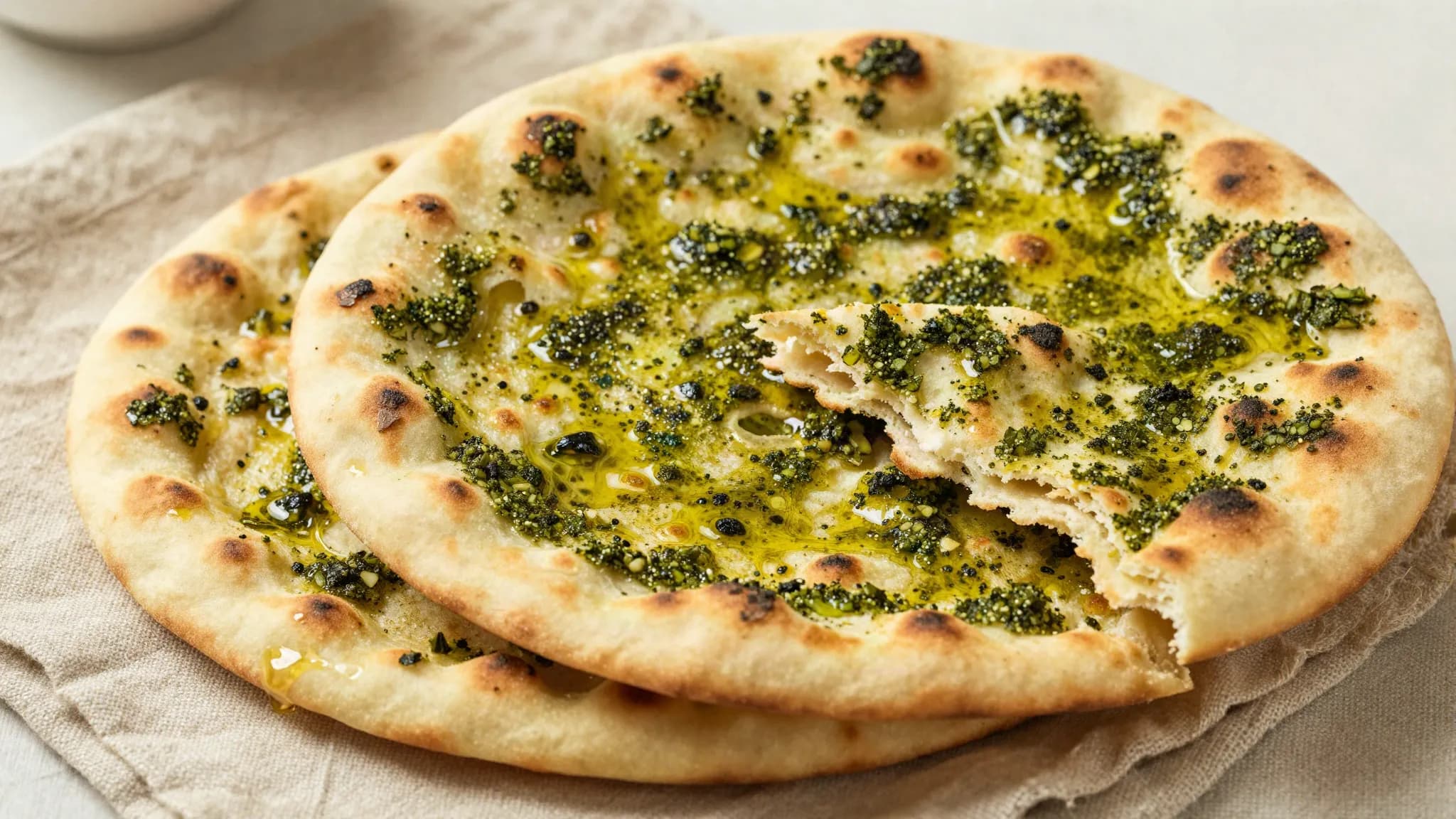 Za'atar flatbreads on a cloth, one torn to show a soft crumb