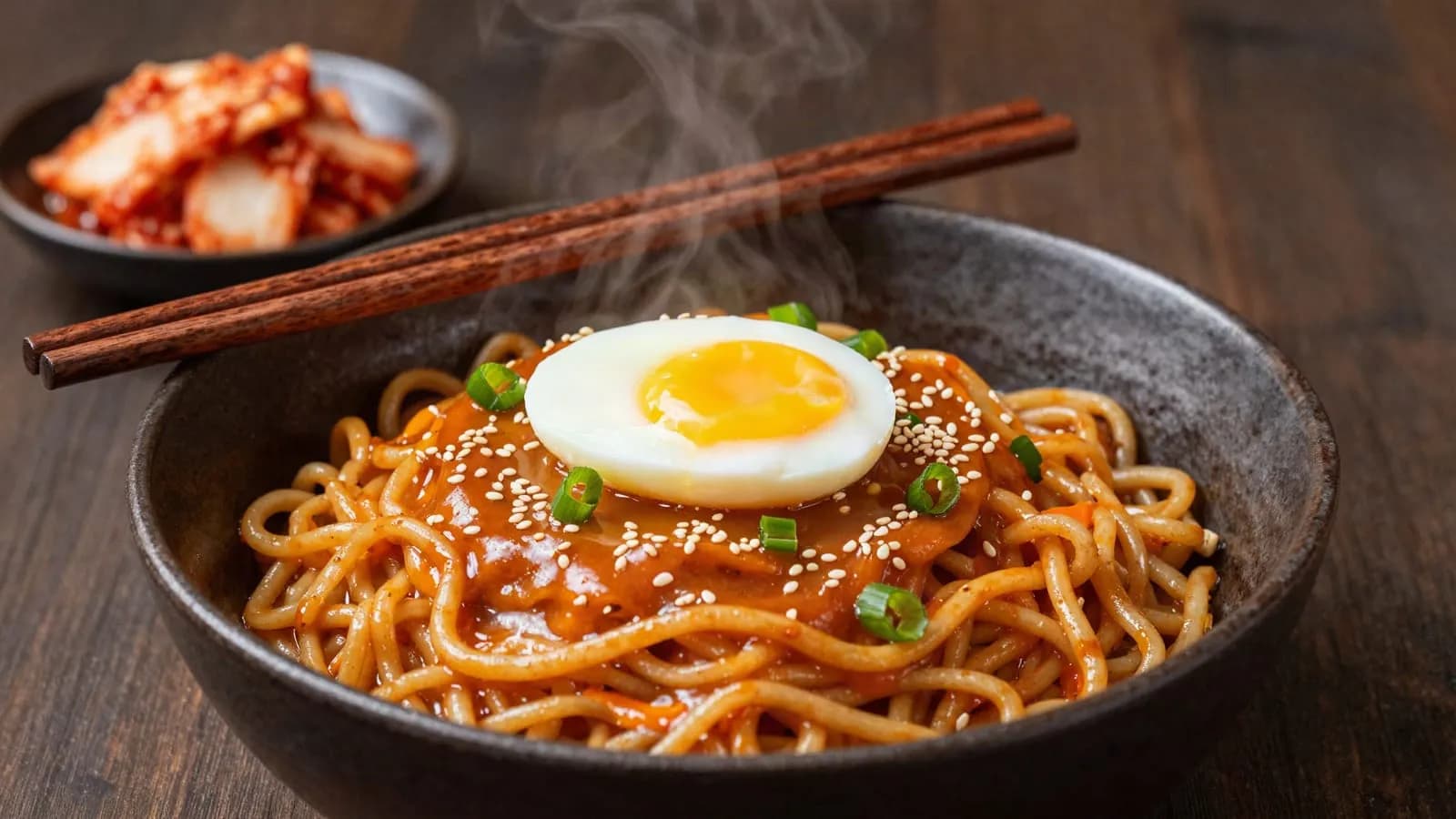 An AI-generated illustration of glossy gochujang butter noodles in a bowl topped with a soft egg and spring onion