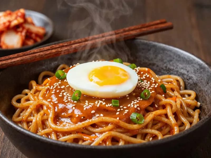 An AI-generated illustration of glossy gochujang butter noodles in a bowl topped with a soft egg and spring onion
