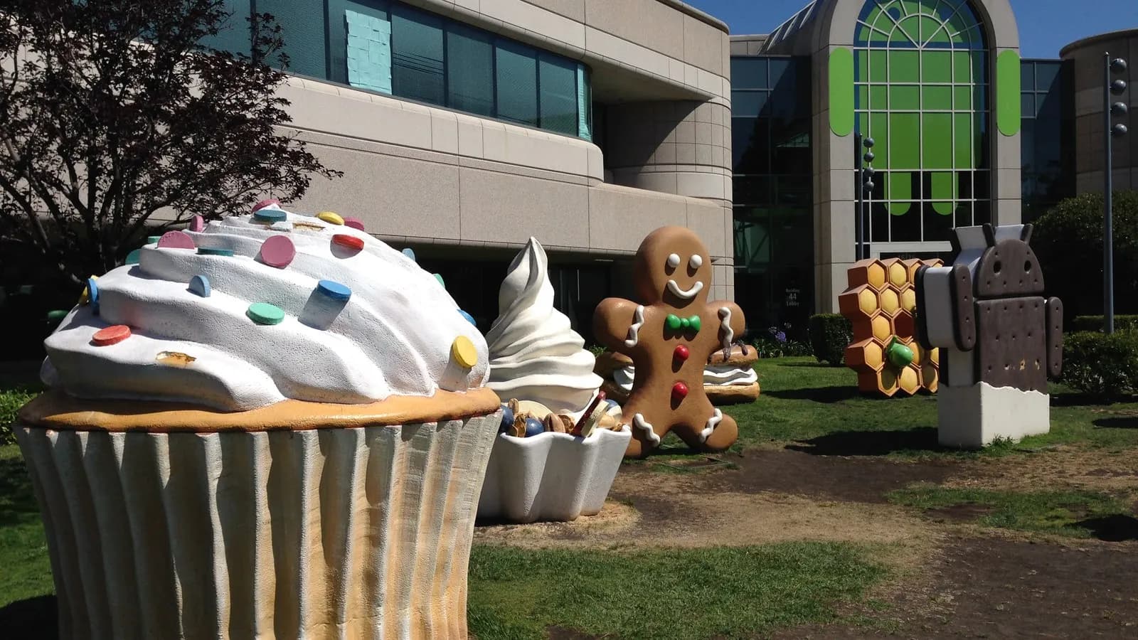 Android-themed dessert statues outside a building at Google's Mountain View campus, photographed in 2014, illustrative of the company and not of the Gemini app