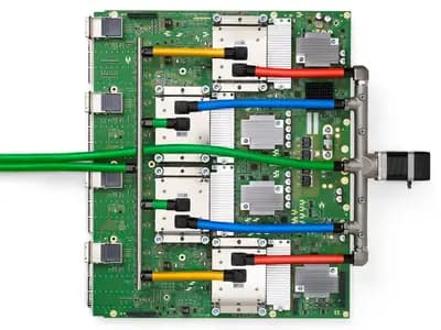 A top-down view of a Google TPU v4 circuit board with four liquid-cooled chip packages and coloured coolant pipes, published on 4 April 2023, a file photograph of Google's TPU hardware and not of TorchTPU software or Amazon's Trainium chips