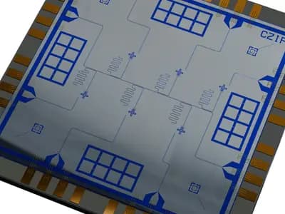 A computer-rendered illustration of a wire-bonded superconducting quantum chip with six transmon qubits on a grey carrier, dated 8 September 2025, an illustration of a generic superconducting chip and not of Google's Willow processor