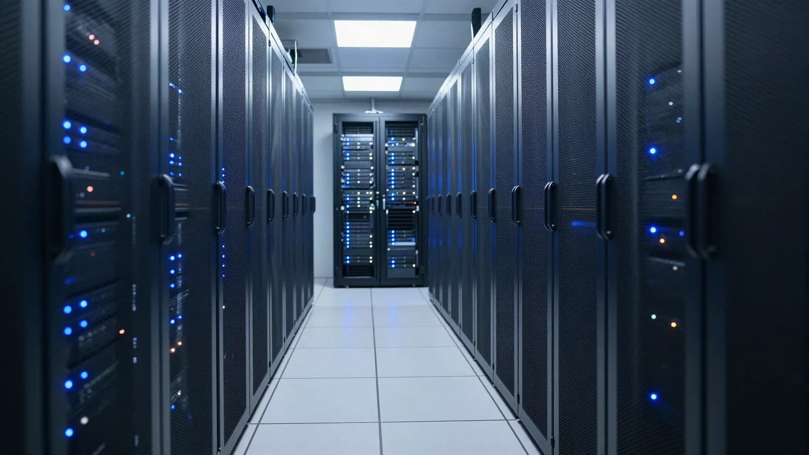 Rows of server racks in a data centre corridor