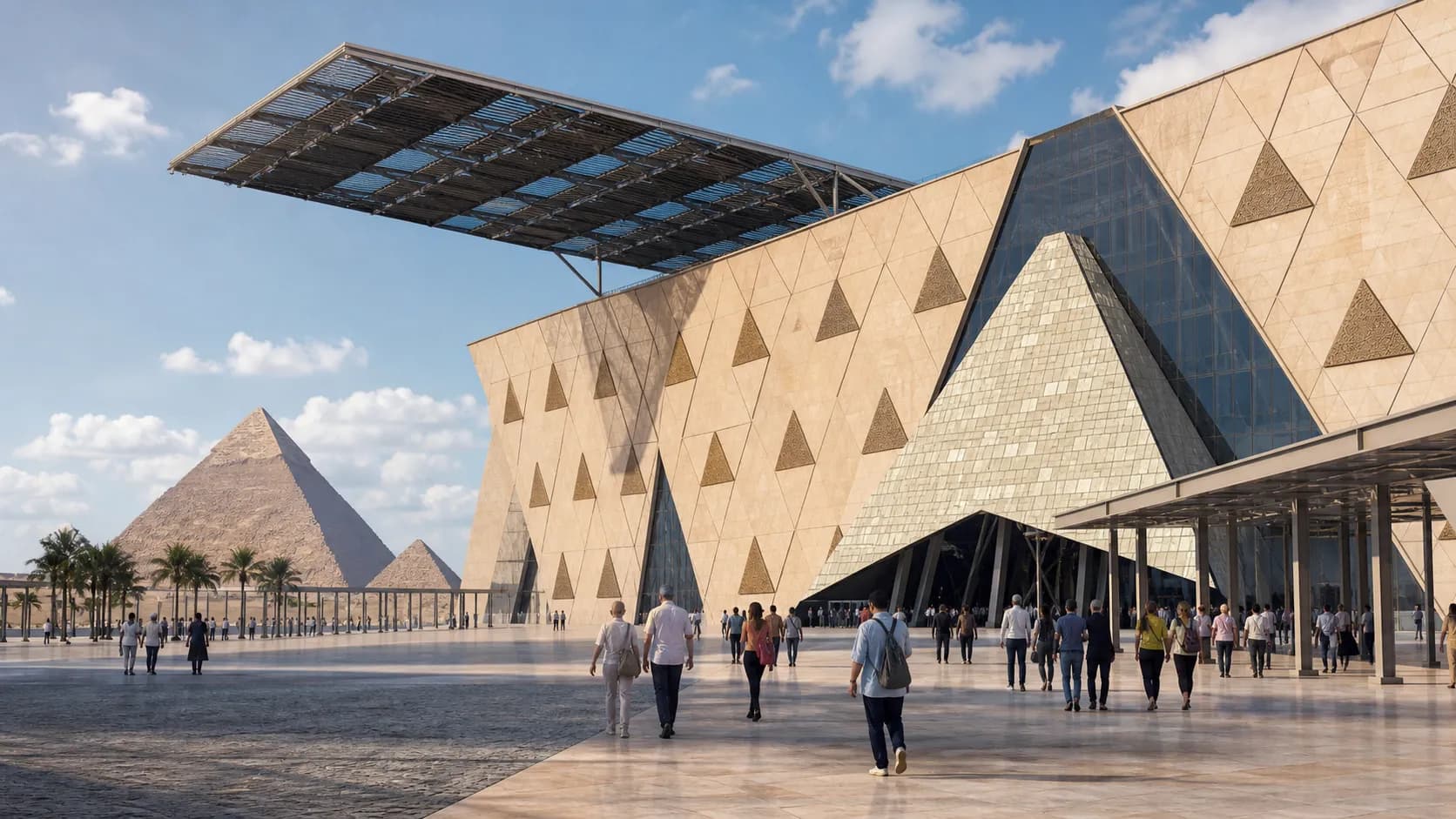 The Grand Egyptian Museum near Giza with solar technology integrated into its architecture