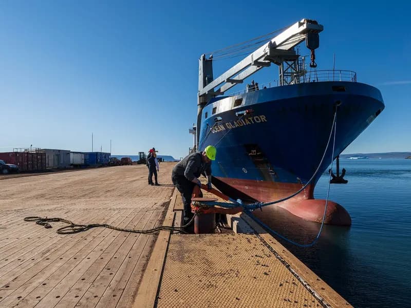 A freighter unloading at the deepwater port of Pituffik Space Base in north-west Greenland, in a US Space Force photograph from August 2022