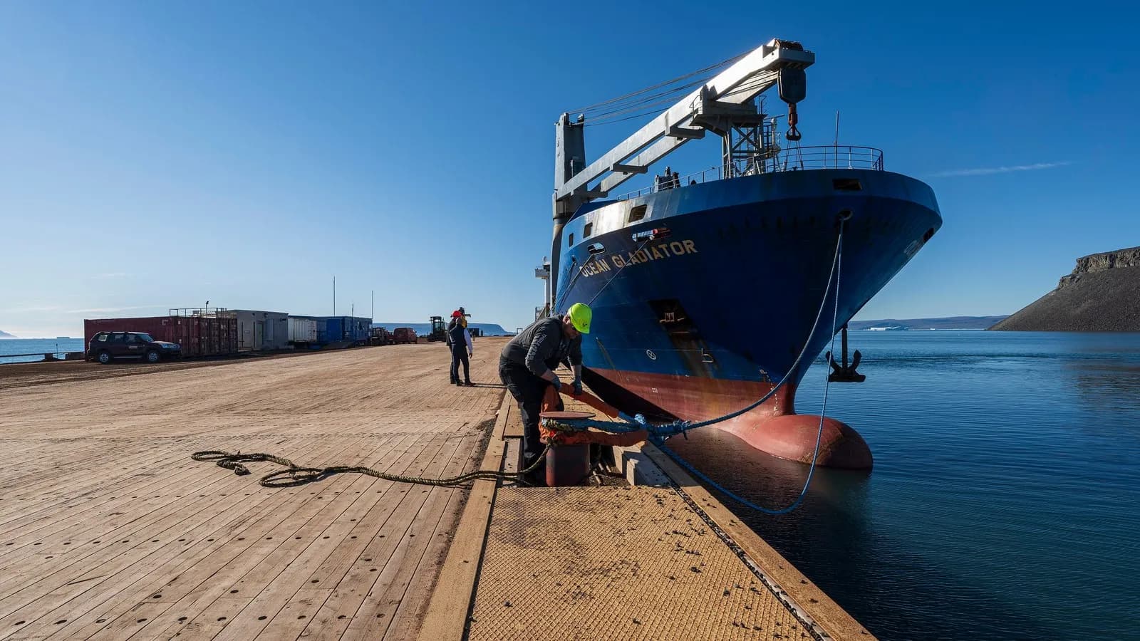A freighter unloading at the deepwater port of Pituffik Space Base in north-west Greenland, in a US Space Force photograph from August 2022