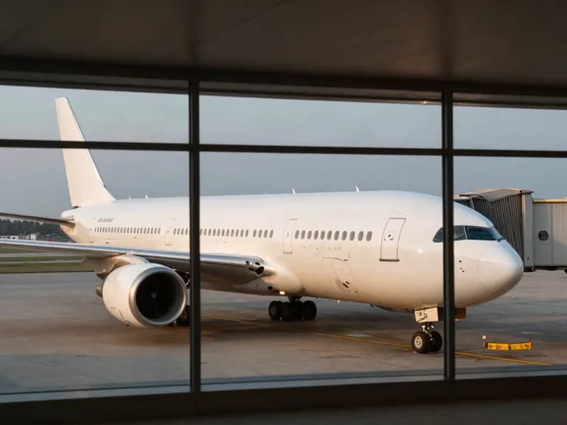 An aircraft seen through an airport terminal window in the evening
