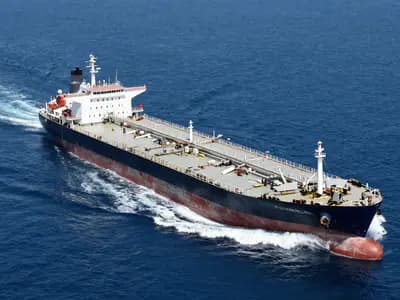 A loaded oil tanker under way on open blue water