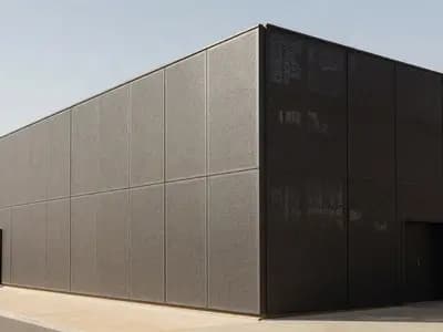 A deep perforated shading screen across the sunlit elevation of a modern building