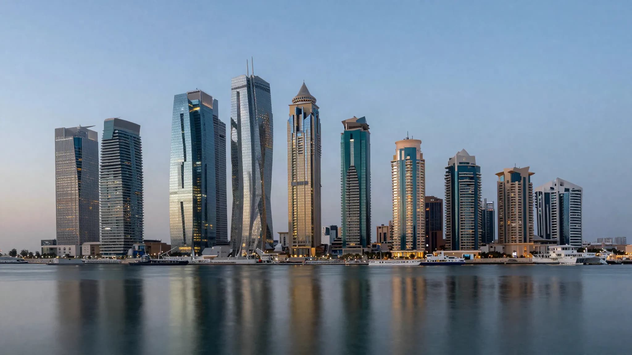 A modern Gulf financial district skyline at dusk