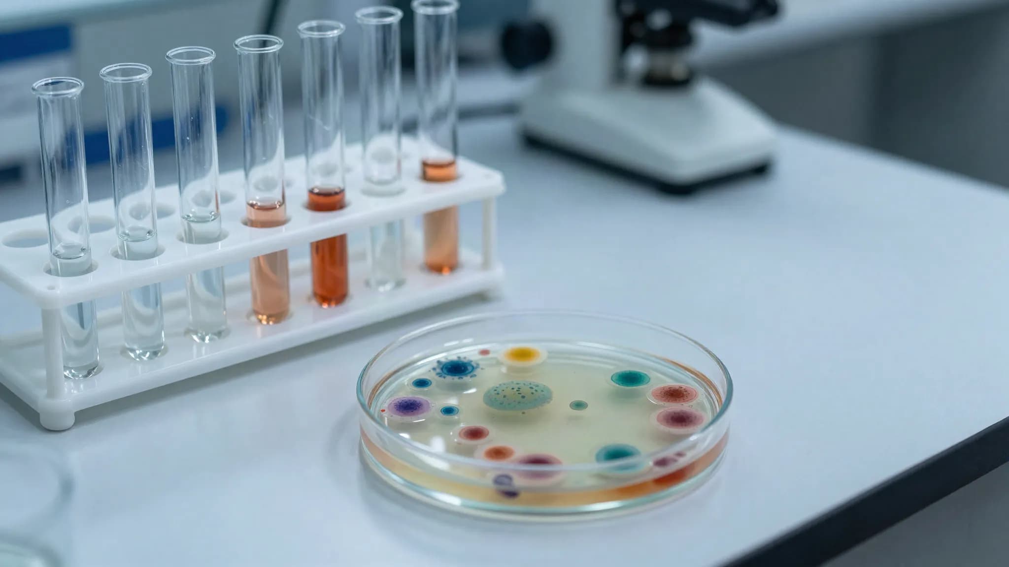 Sample tubes and bacterial colonies on a laboratory bench