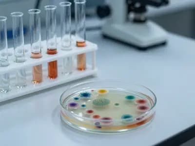 Sample tubes and bacterial colonies on a laboratory bench