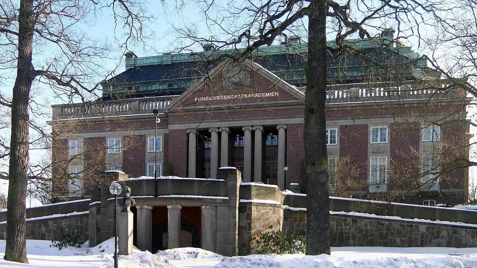 The main building of the Royal Swedish Academy of Sciences, which awards the economics prize, in the snow at Frescati in Stockholm, photographed in 2006, a file photograph and not from Monday's announcement