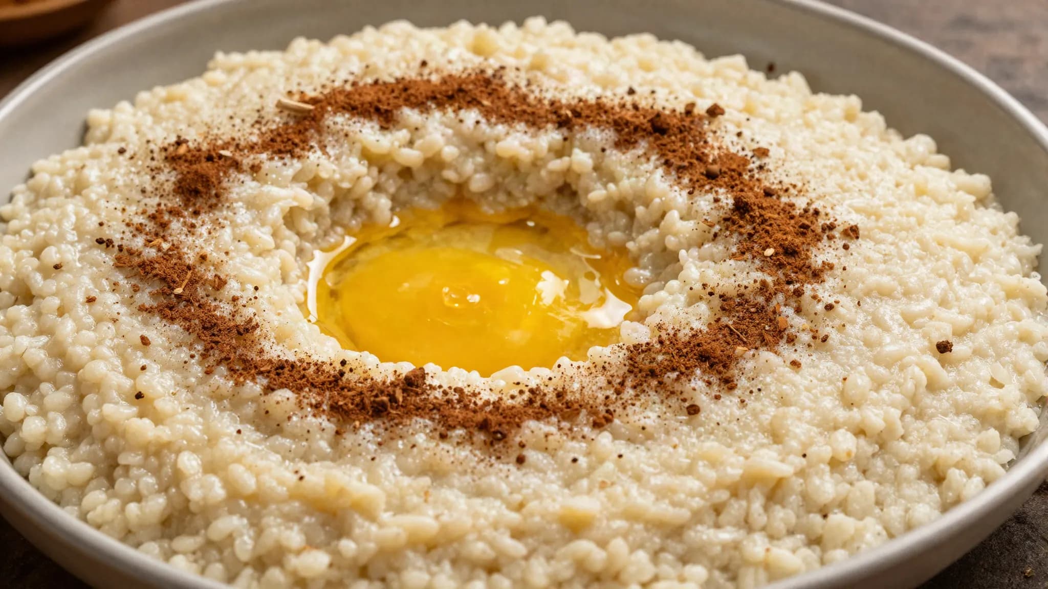 A dish of harees with melted ghee pooling in the centre