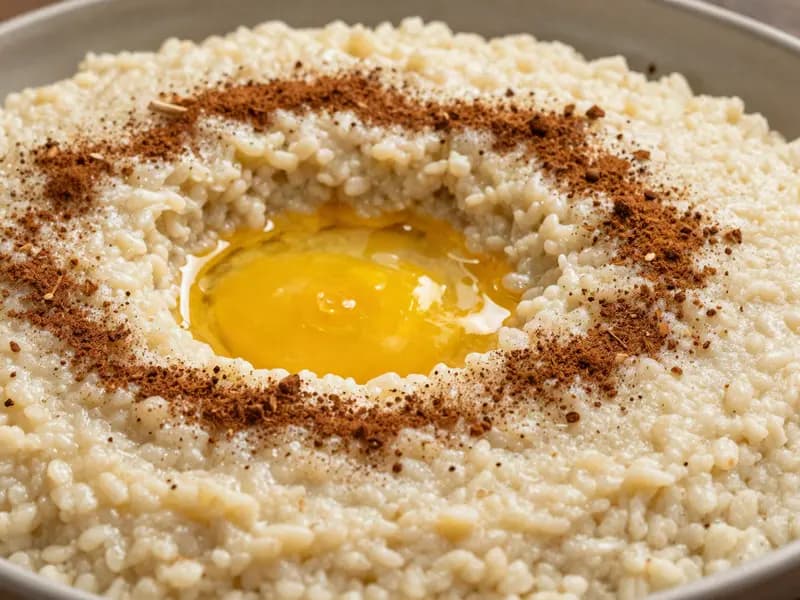 A dish of harees with melted ghee pooling in the centre