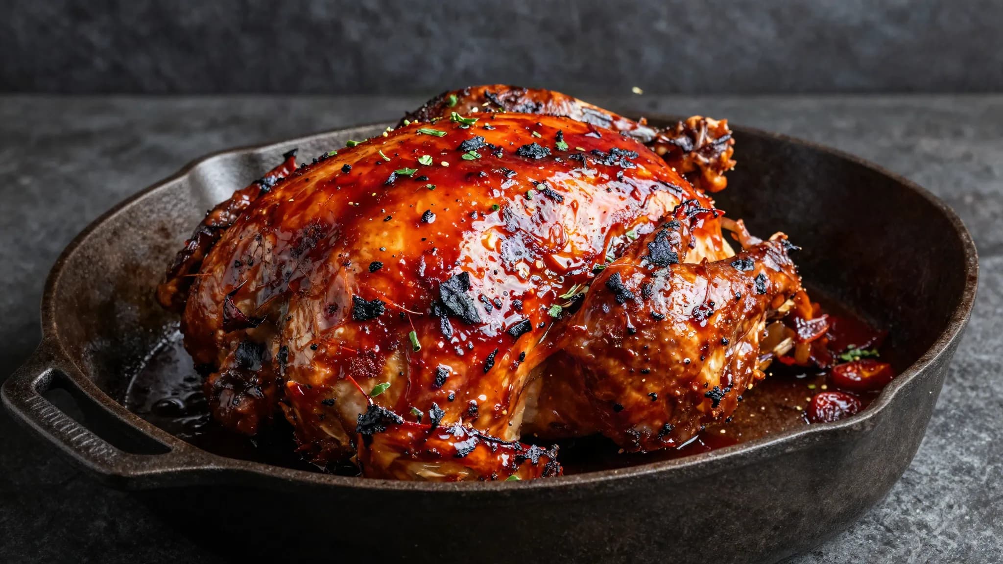 A whole roast chicken with a deep red chilli glaze