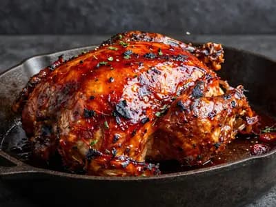 A whole roast chicken with a deep red chilli glaze